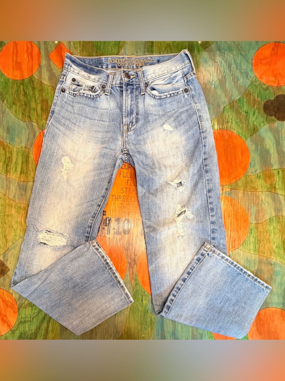 Mens American Eagle Original Straight Light Wash Distressed Denim Jeans 26x27 Co